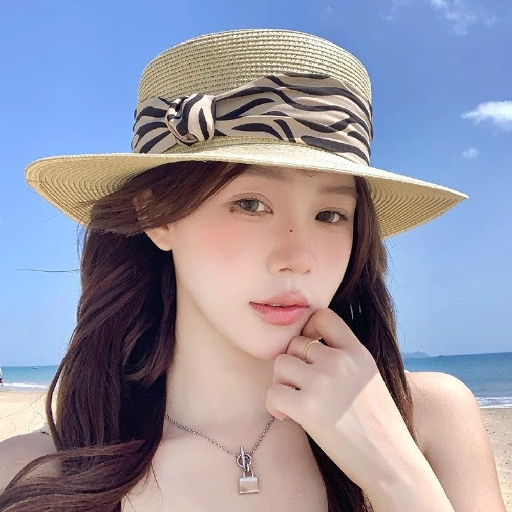 Bucket Hat Straw - with Leopard Print Belt Straw Woven